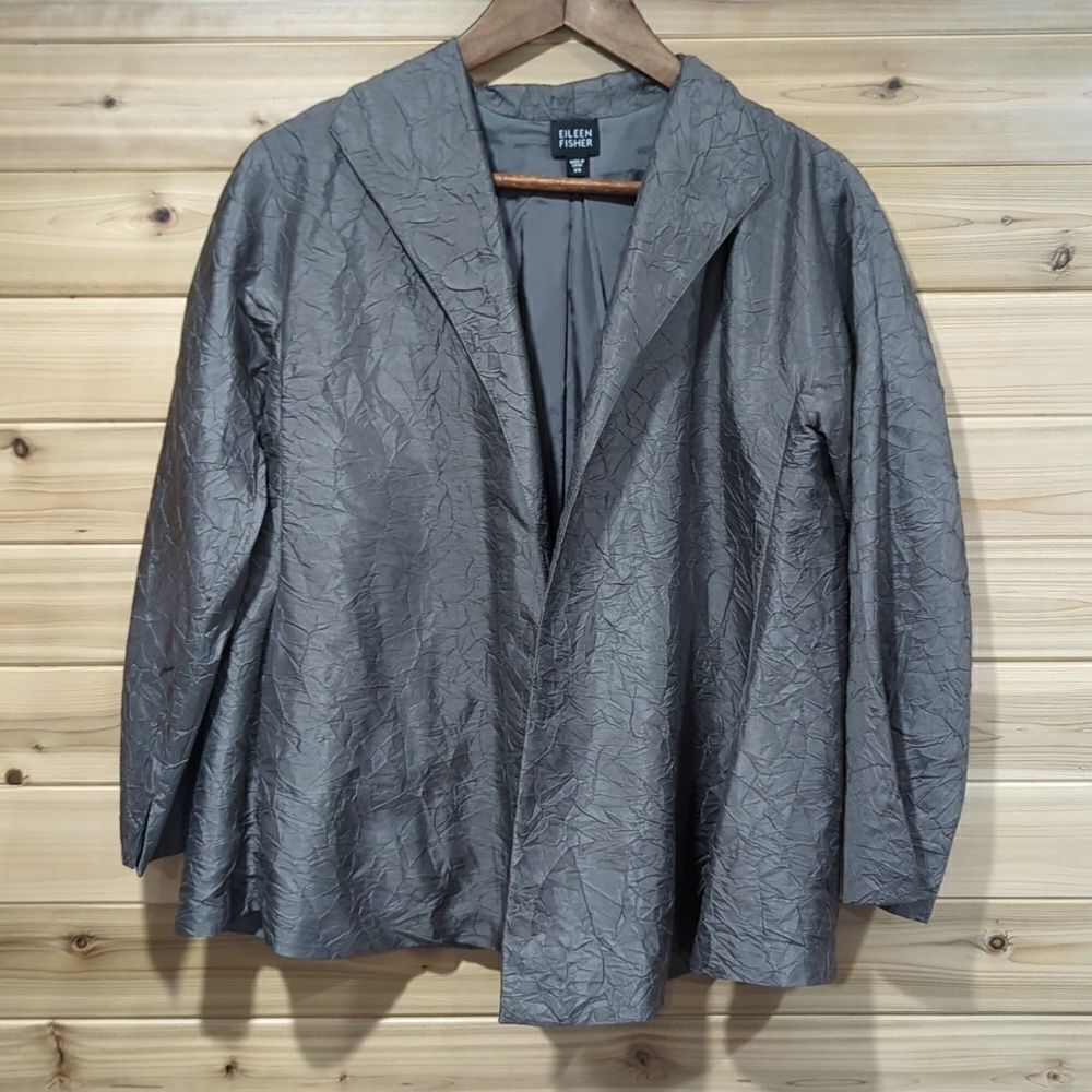 Eileen Fisher Womens Jacket XS Gray‎ Crinkle Fabric Silk